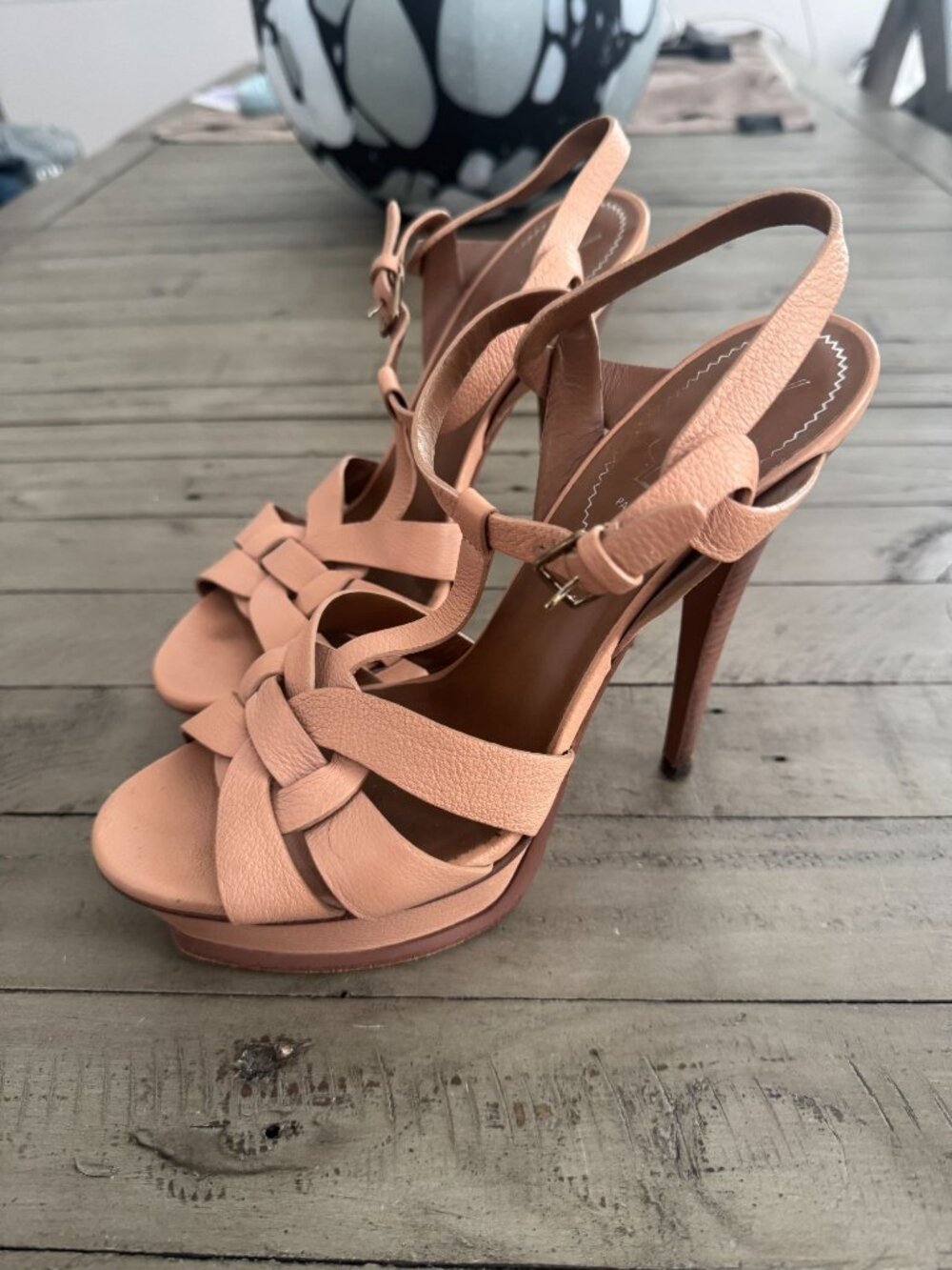 YSL Saint Laurent Beige Leather Tribute Platform Wood Heel Sandals Pumps 39 - Picture 2 of 8
